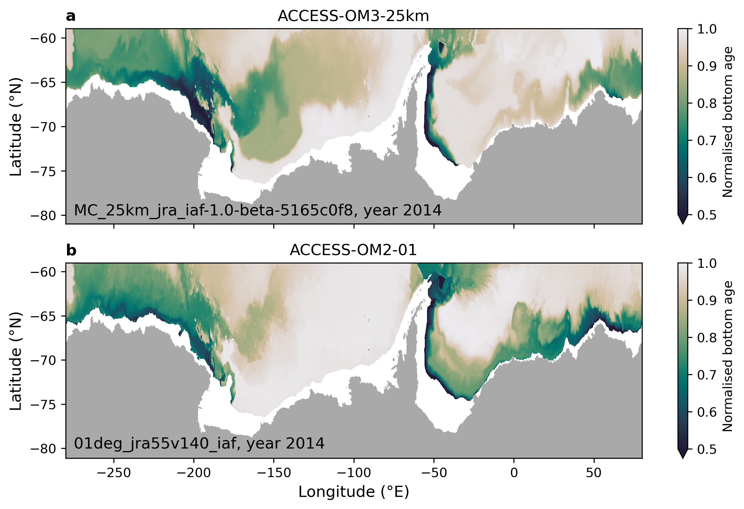 Bottom_age_tracer_in_ACCESS_OM3_rendered.ipynb: Normalised bottom age comparing ACCESS-OM3 and ACCESS-OM2.