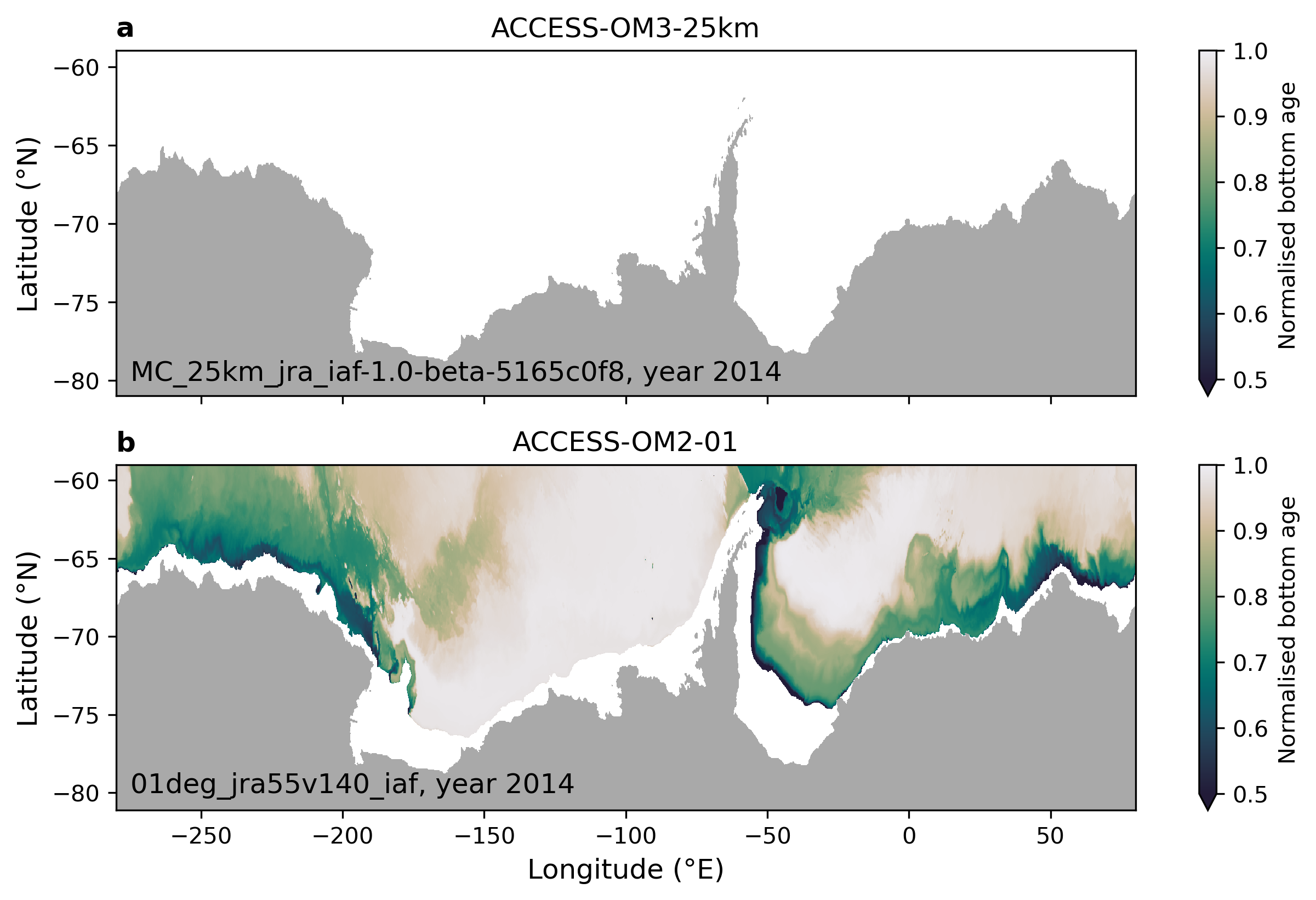 Bottom_age_tracer_in_ACCESS_OM3_rendered.ipynb: Normalised bottom age comparing ACCESS-OM3 and ACCESS-OM2.